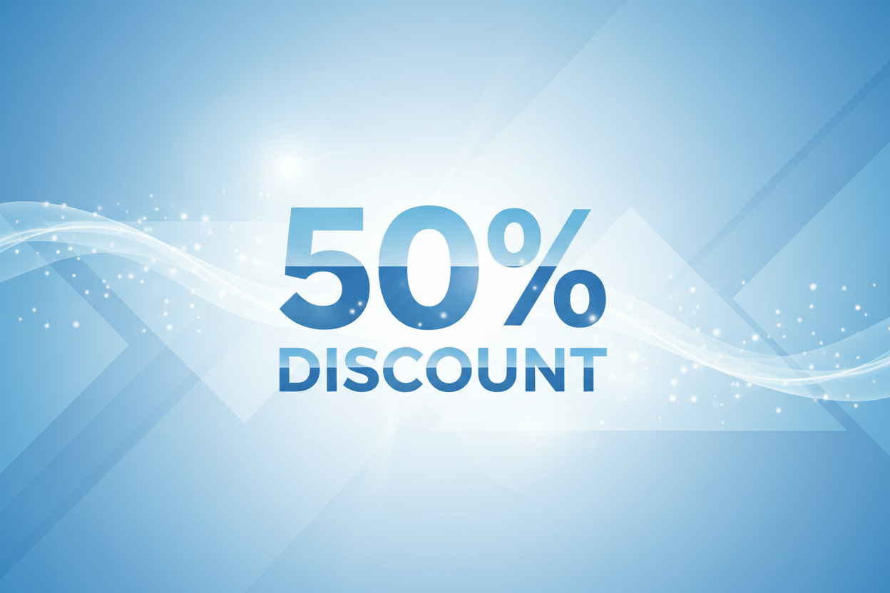 generate an image banner showing 50 % discount on banner in center of image. and use light blue ambiance color in background